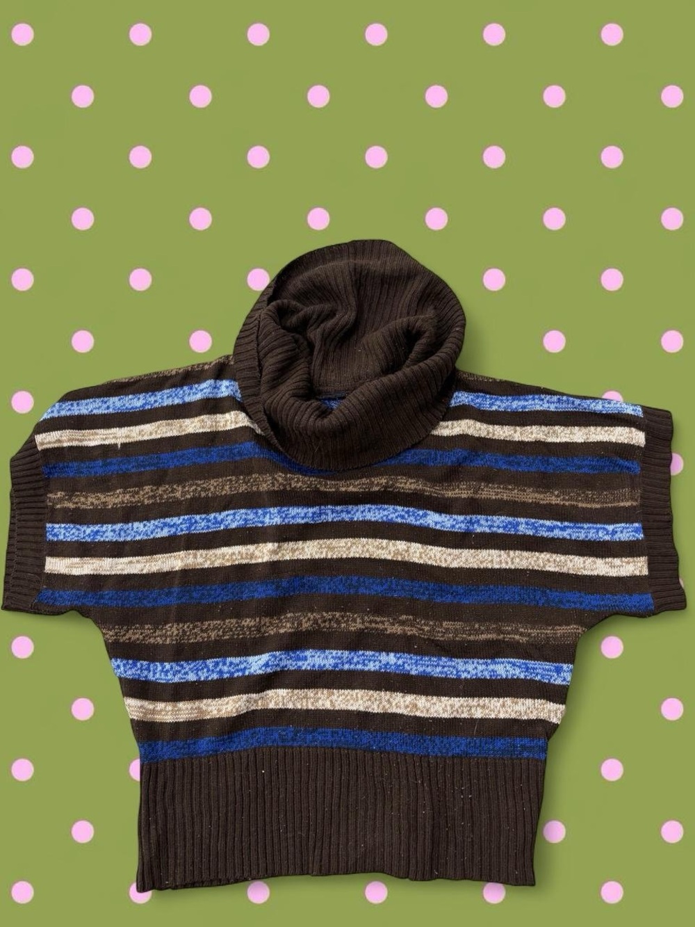Short-Sleeve Cowl Neck Sweater in Brown with Blue Stripes